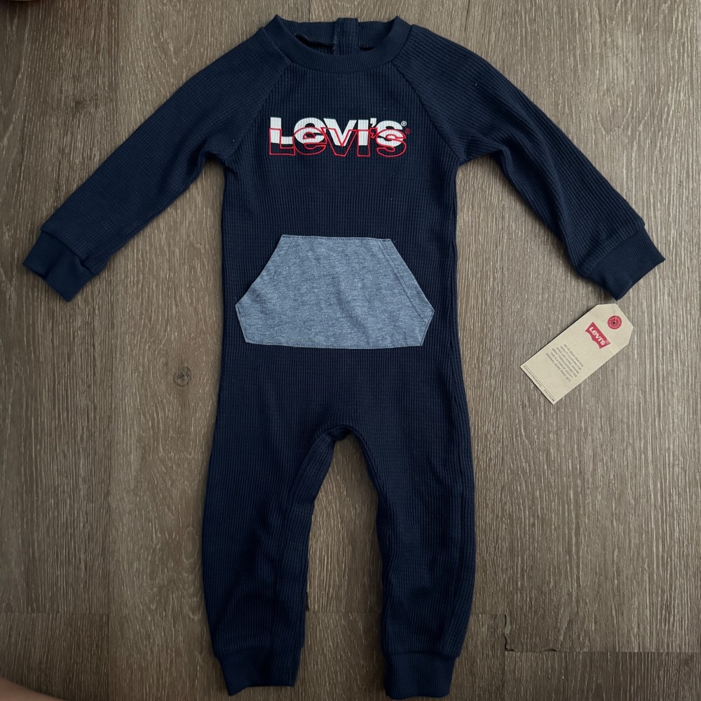 Levi's Thermal Coverall Boys 12M Navy Blue Waffle Knit Logo Romper